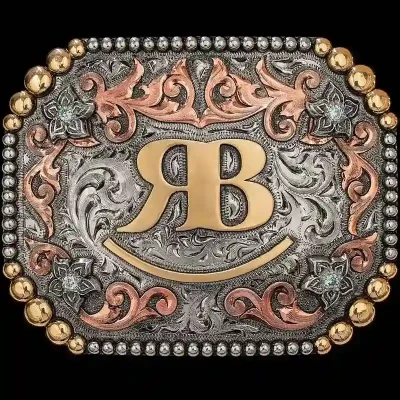 A custom ranch belt buckle featuring a ranch custom logo